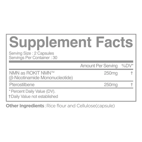 로킷아메리카 NMN 프테로스틸벤 영문 성분표, NMN 250mg과 Pterostilbene 250mg